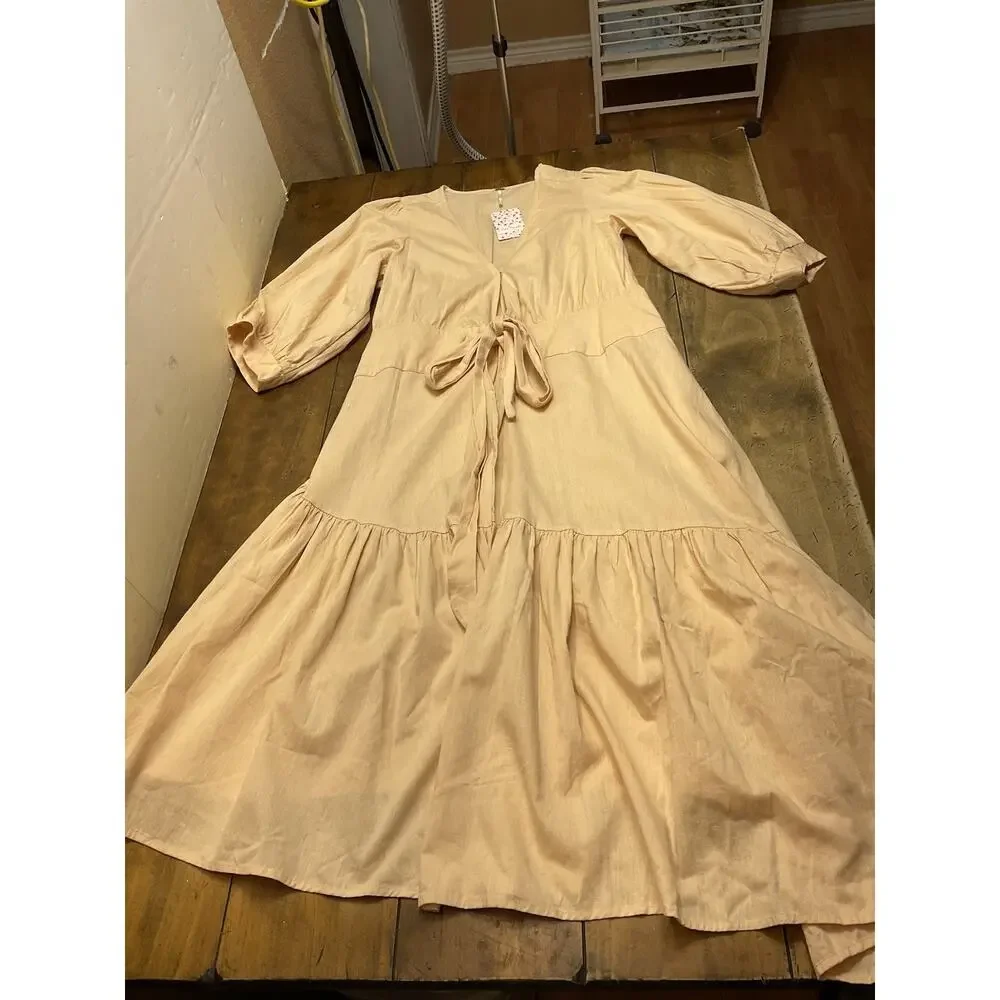 Free People Peach Linen Blend Balloon Sleeve Tiered Midi Wrap Dress Sz M Peach